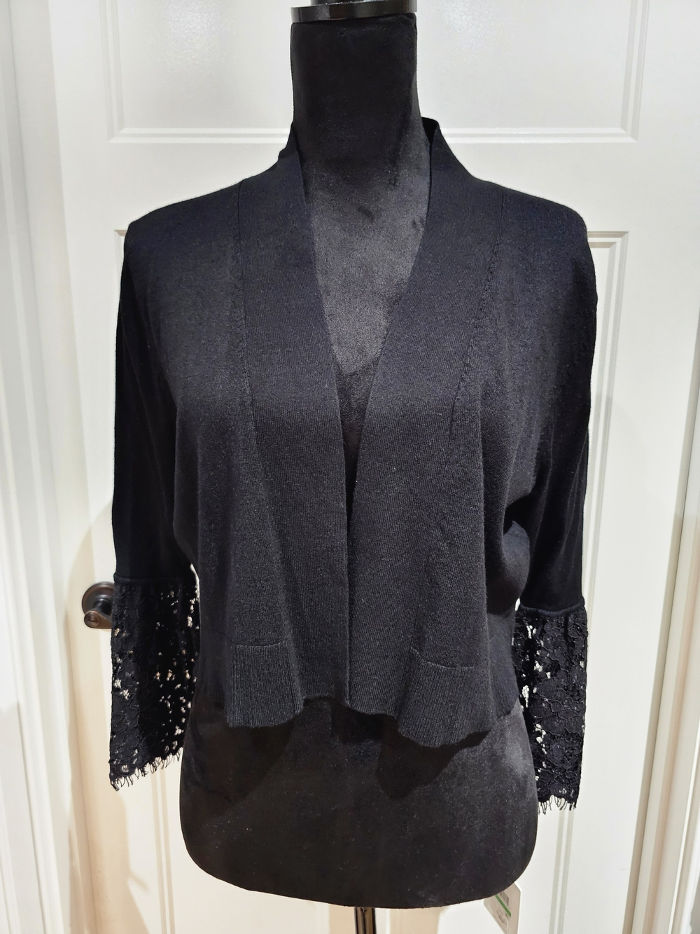 Calvin Klein Black Open-Front Cardigan with Lace Cuffs, NWT